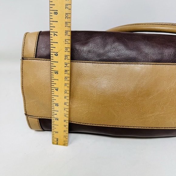 London Fog Two tone Faux Leather Satchel Brown Beige‎ Shoulder Bag - Picture 13 of 16